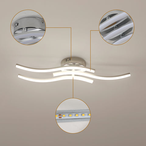 Plafonnier LED Moderne à Trois Vagues Parallèles - Lustre Argent, 18W 60*12cm, Lumière Chaude 3000K, 220V