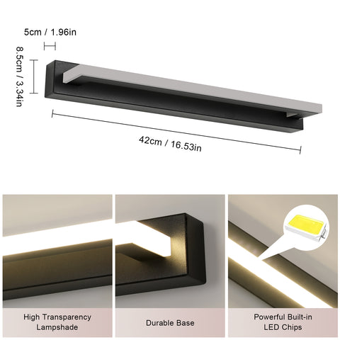 Applique Murale LED en Acrylique Noir 42cm - Éclairage Miroir 9W, Lumière Neutre 4500K, 220V, Sans Scintillement, Installation Polyvalente