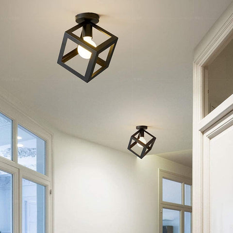 Plafonnier Luminaire Moderne Lustre Forme Cage Lampe de Plafon Vintage Abat-jour de Style Géométrique en Métal E27 Éclairage pour Chambre Salon Restaurant, Forme de Cube,16CM, Noir