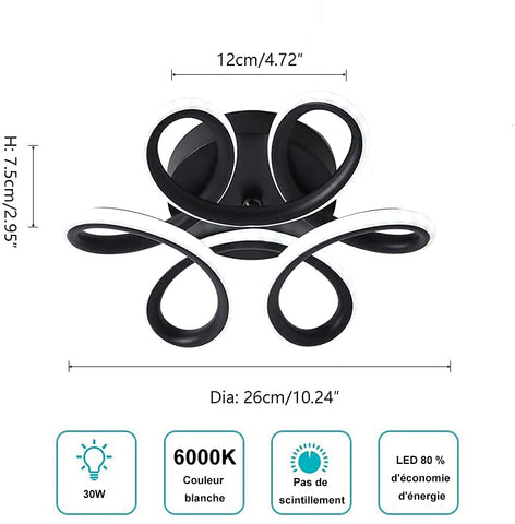 GOECO Plafonieră LED, Diametru 26cm 22W 2500lm, Design Curbat Modern, Lumină Rece 6000K, Cadru Negru, pentru Hol, Balcon, Bucătărie, Baie, Dormitor