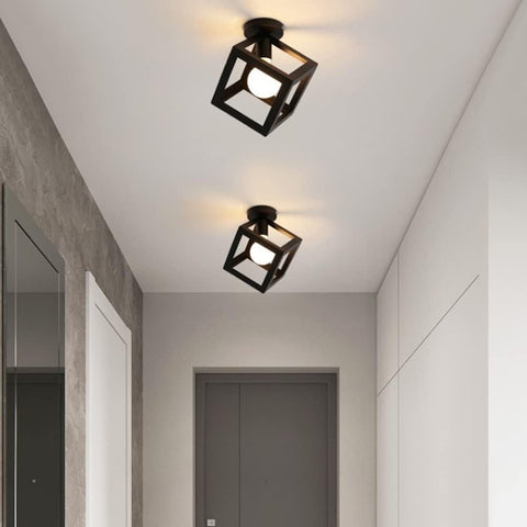 Plafonnier Luminaire Moderne Lustre Forme Cage Lampe de Plafon Vintage Abat-jour de Style Géométrique en Métal E27 Éclairage pour Chambre Salon Restaurant, Forme de Cube,16CM, Noir
