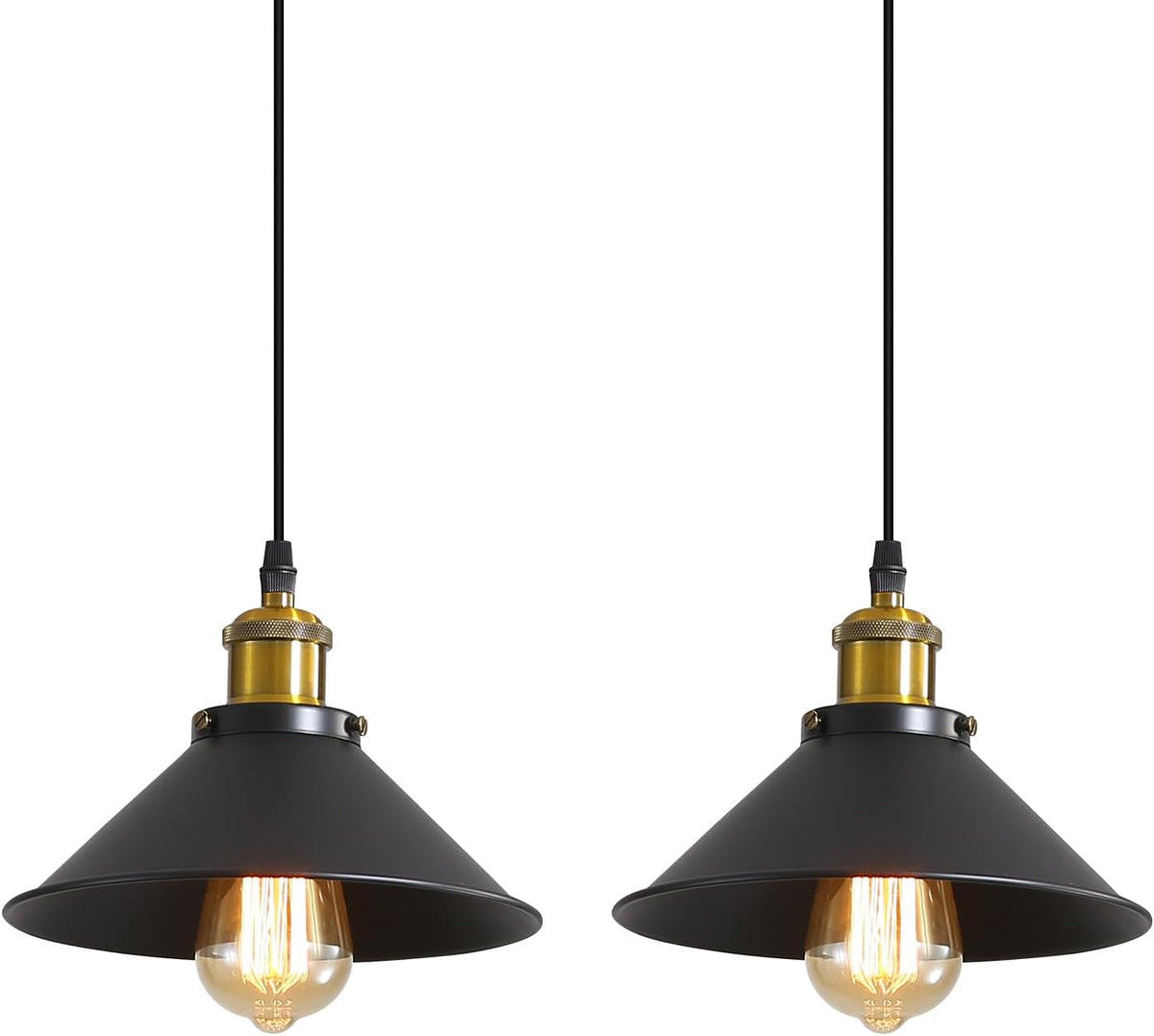 Suspension Luminaire Industrielle Lustre Plafonnier Noir, Φ22 cm pour ampoules E27 Lustre Plafonnier Vintage Culot Abat-jour en Métal 2 Pack