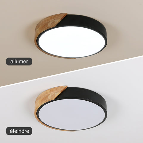 Plafonnier LED en Bois Chêne Naturel, 30W 6500K, Design Moderne Rond avec Abat-Jour Acrylique, Éclairage Intérieur pour Salon, Chambre, Cuisine