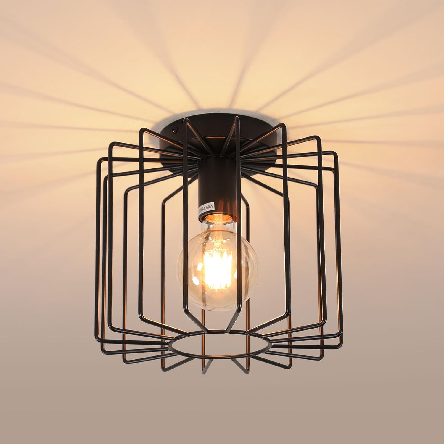 Plafonnier Vintage E27, Luminaire Métal Cage Noir, Suspension Cage Cube Luminaire