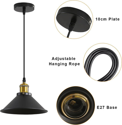 Suspension Luminaire Industrielle Lustre Plafonnier Noir, Φ22 cm pour ampoules E27 Lustre Plafonnier Vintage Culot Abat-jour en Métal 2 Pack