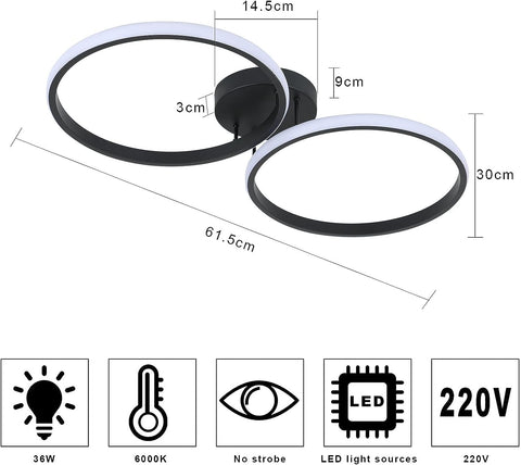 Plafonnier à LED, lampe de plafond moderne 42W, plafonnier LED double anneau , plafonnier en acrylique Noir pour chambre à coucher, salon, bureau