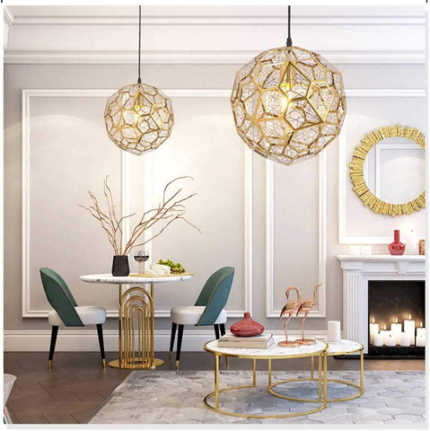 Plafonnier doré en acier inoxydable, moderne et minimaliste avec structure polyédrique pour salle à manger, salon, chambre à coucher ou bar - 37 cm.