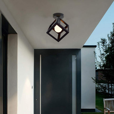 Plafonnier Luminaire Moderne Lustre Forme Cage Lampe de Plafon Vintage Abat-jour de Style Géométrique en Métal E27 Éclairage pour Chambre Salon Restaurant, Forme de Cube,16CM, Noir