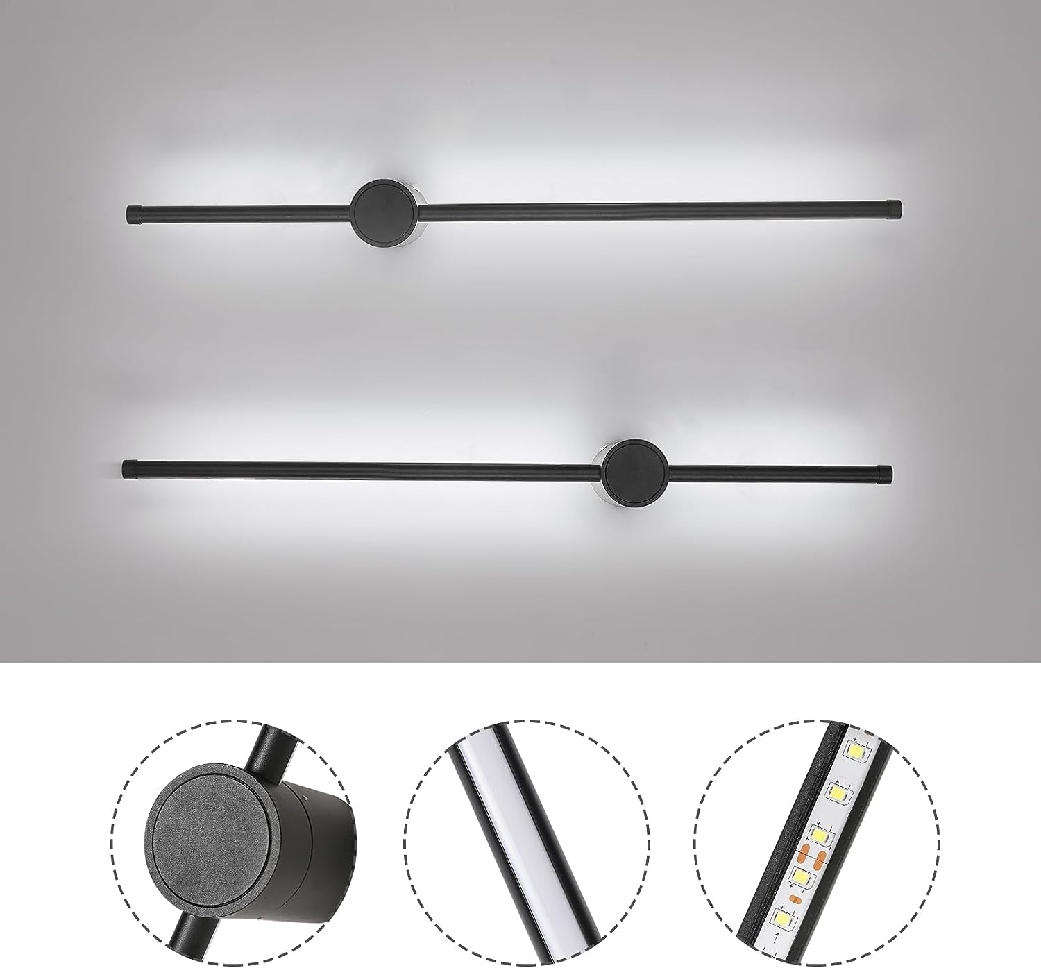 Applique Murale Intérieur, Applique Murale Led 360° Rotative 6500K Blanc Froid, Lampe Murale Moderne Noir pour Chambre Salon Salle à Manger Couloir Escalier 80cm
