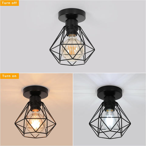 Plafonnier Industriel E27, Luminaire Métal Cage Vintage, Suspension éclairage Plafond Noir pour Cuisine Chambre Salon Couloir Café Bar