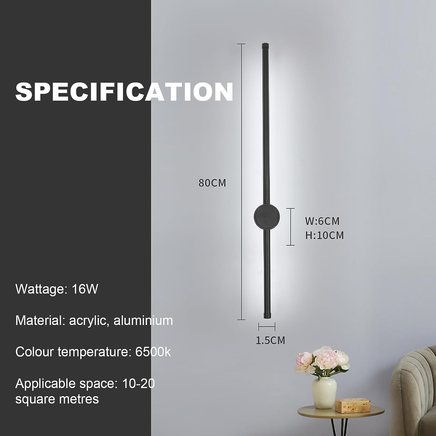 Applique Murale Intérieur, Applique Murale Led 360° Rotative 6500K Blanc Froid, Lampe Murale Moderne Noir pour Chambre Salon Salle à Manger Couloir Escalier 80cm