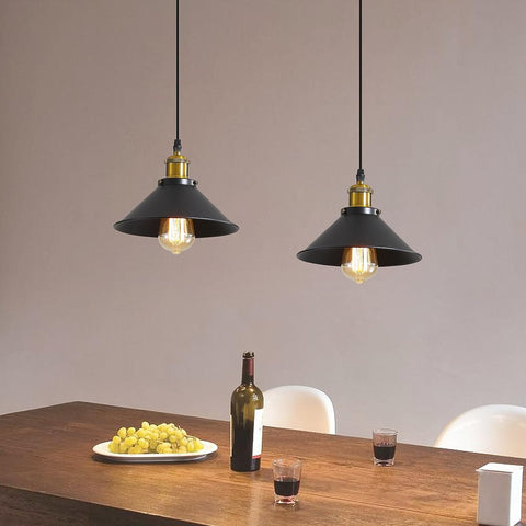 Suspension Luminaire Industrielle Lustre Plafonnier Noir, Φ22 cm pour ampoules E27 Lustre Plafonnier Vintage Culot Abat-jour en Métal 2 Pack