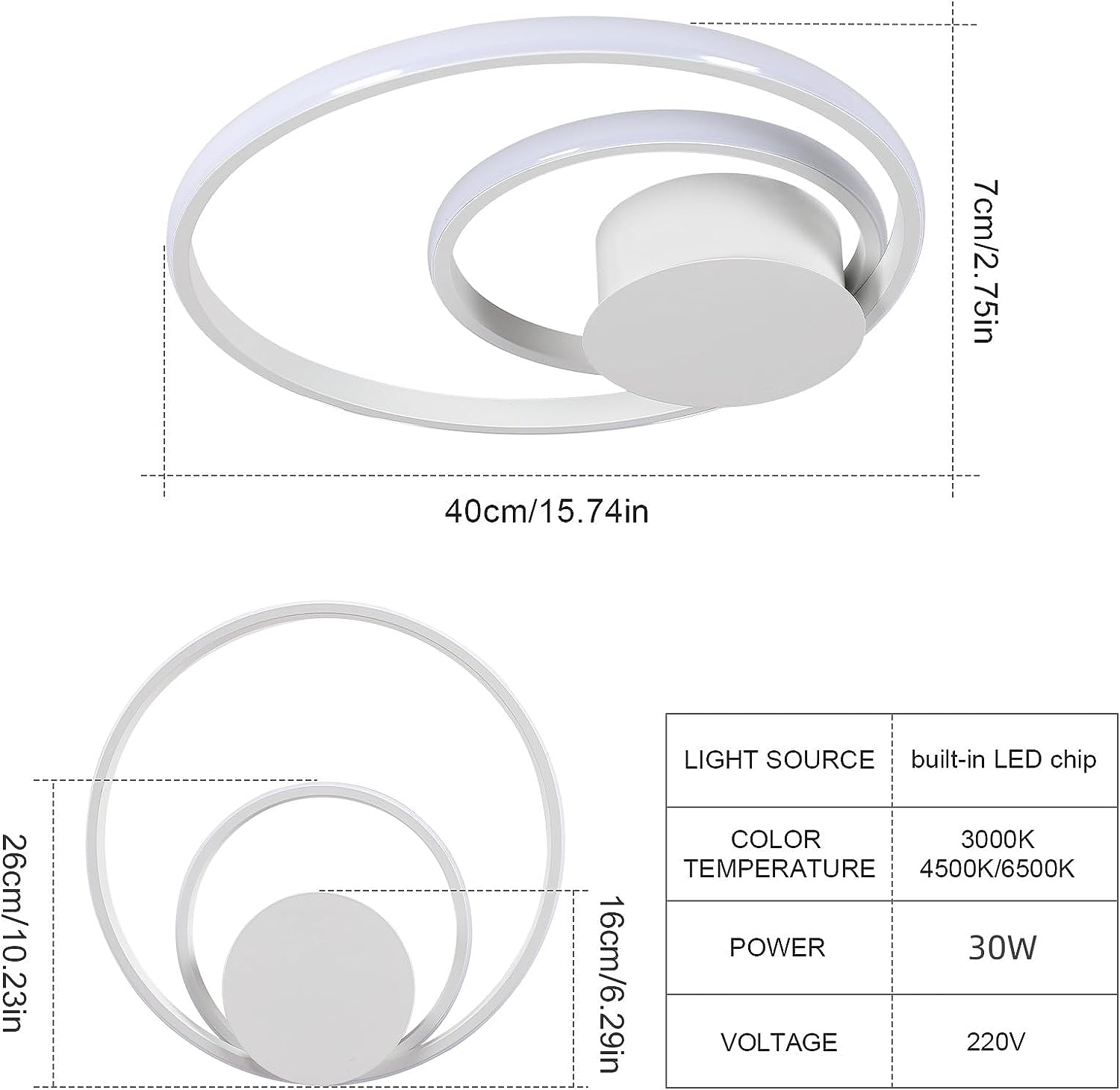 Tableau des dimensions des plafonniers