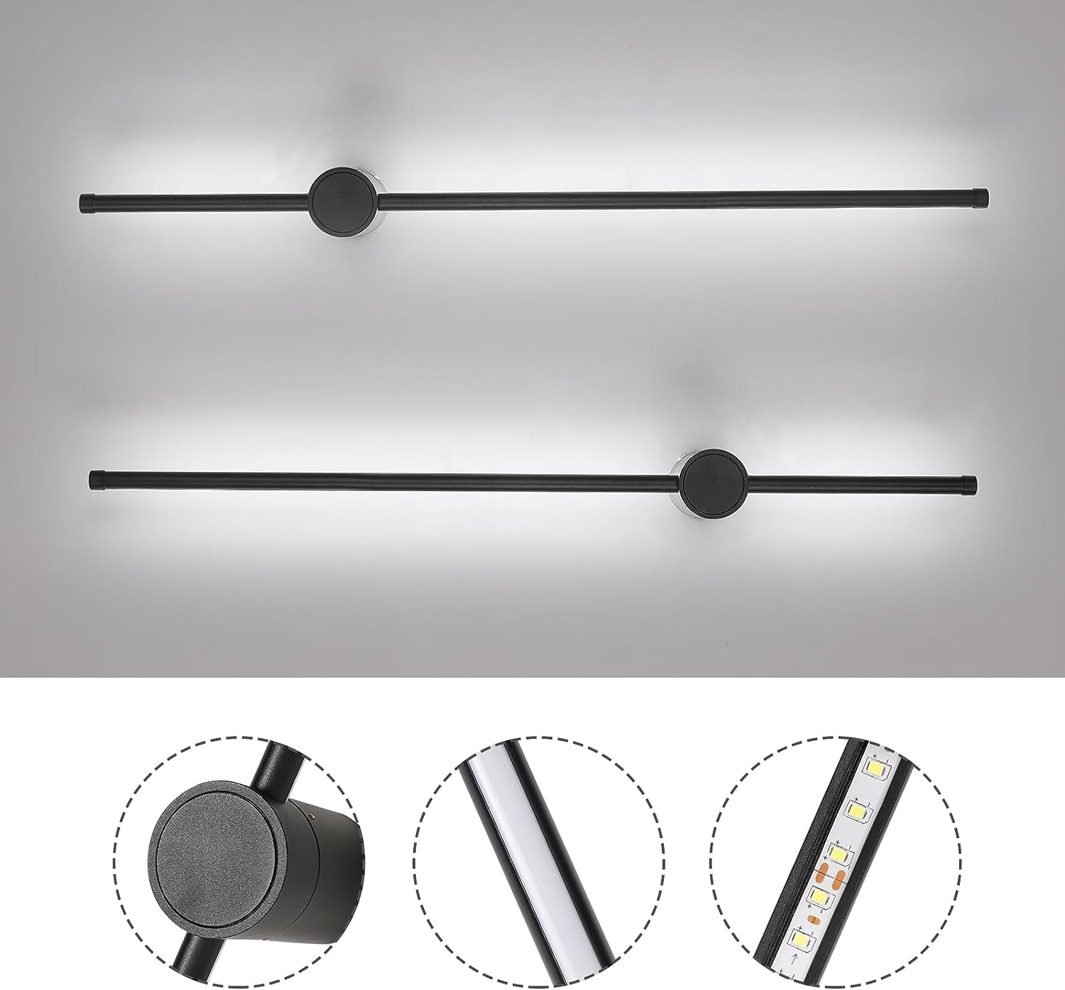 Applique Murale Intérieur, Applique Murale Led 360° Rotative 6500K Blanc Froid, Lampe Murale Moderne Noir pour Chambre Salon Salle à Manger Couloir Escalier 100cm