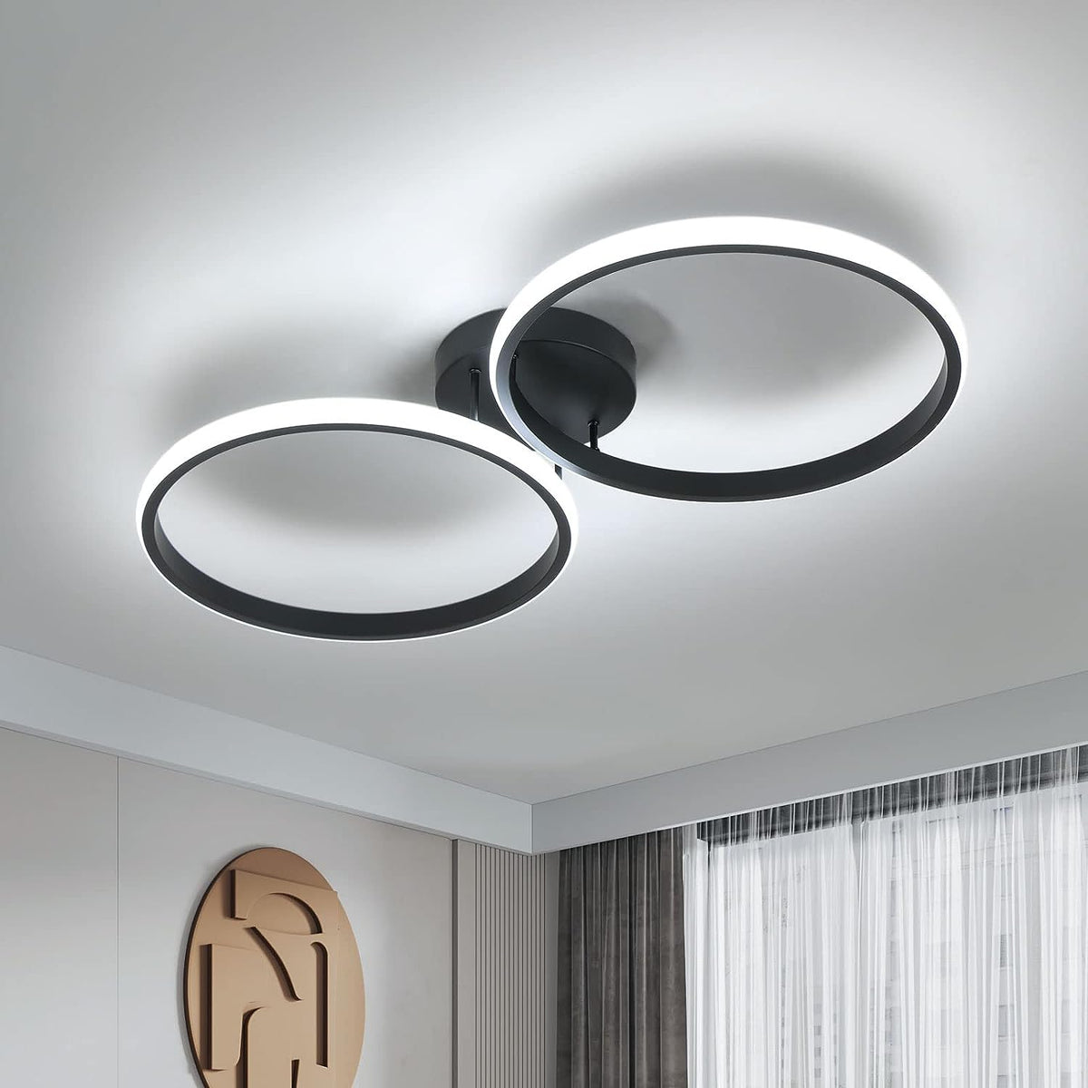 Plafonnier à LED, lampe de plafond moderne 42W, plafonnier LED double anneau , plafonnier en acrylique Noir pour chambre à coucher, salon, bureau