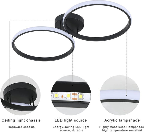 Plafonnier à LED, lampe de plafond moderne 42W, plafonnier LED double anneau , plafonnier en acrylique Noir pour chambre à coucher, salon, bureau