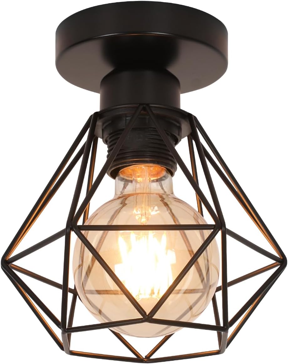 Plafonnier Industriel E27, Luminaire Métal Cage Vintage, Suspension éclairage Plafond Noir