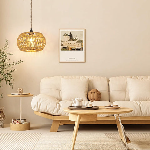 Suspension Luminaire Rotin, E27 Lustre Plafonnier Vintage en Tresser, Interrupteur à Dimmable, Lustre Chambre, Salon, Lampe de Plafond (Sans Ampoule)