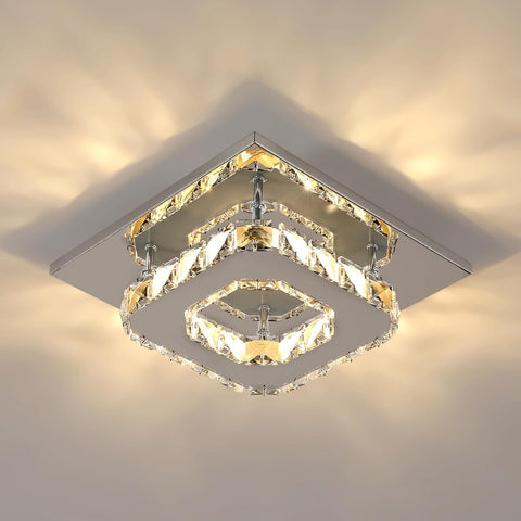 Plafonnier LED, Lustre en Cristal 15W, Carré Éclairage de Plafond Moderne pour Chambre, Salon, Cuisine, Couloir, 3000K Lumière Chaude