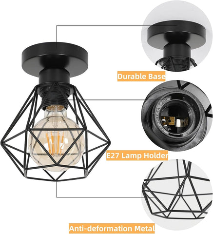 Plafonnier Industriel E27, Luminaire Métal Cage Vintage, Suspension éclairage Plafond Noir pour Cuisine Chambre Salon Couloir Café Bar（2pcs）