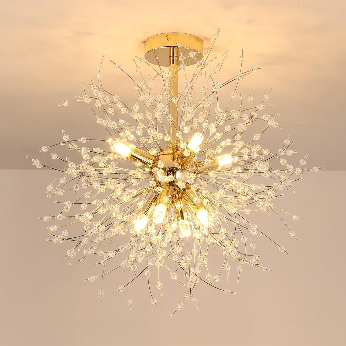 Plafonnier Moderne Lustres en Cristal, Lustre Feux d'artifice Doré, Plafonniers en Cristaux K9, 8 G9 Luminaire Lampes Dorées pour Salon, Chambre, Salle à Manger, Couloir