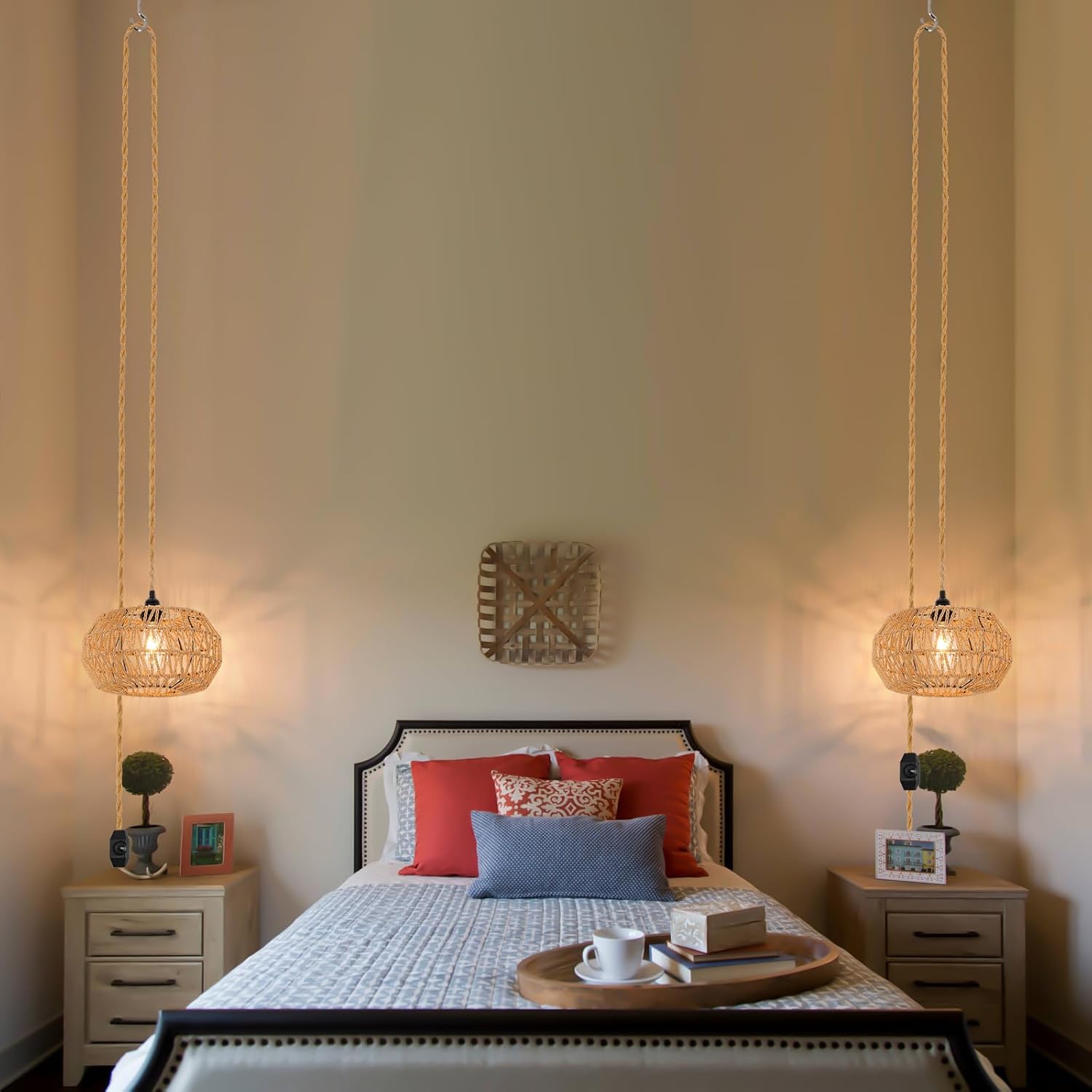 Suspension Luminaire Rotin, E27 Lustre Plafonnier Vintage en Tresser, Interrupteur à Dimmable, Lustre Chambre, Salon, Lampe de Plafond (Sans Ampoule)