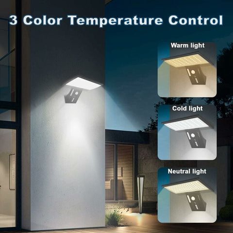 Lampe Solaire Exterieur, 90 LED Lumiere Solaire Exterieur avec Détecteur de Mouvement, 4 Modes Solaire Extérieur Étanche Lampe de Sécurité, 3 Couleurs Télécommande Lampe Mural pour Jardin Cour