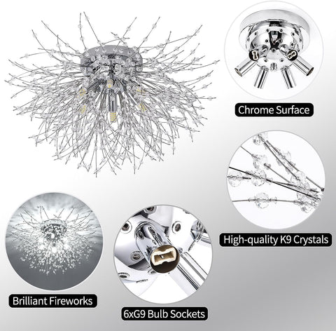 Plafonnier Lustres en Cristal, 6 Lumières G9 Luminaire Plafonnier en Cristal, Lustre Feu D'artifice K9 Cristaux, Lampe de Plafond Moderne pour Salon, Chambre, Salle à Manger, Cuisine, Couloir (Ampoule non incluse)