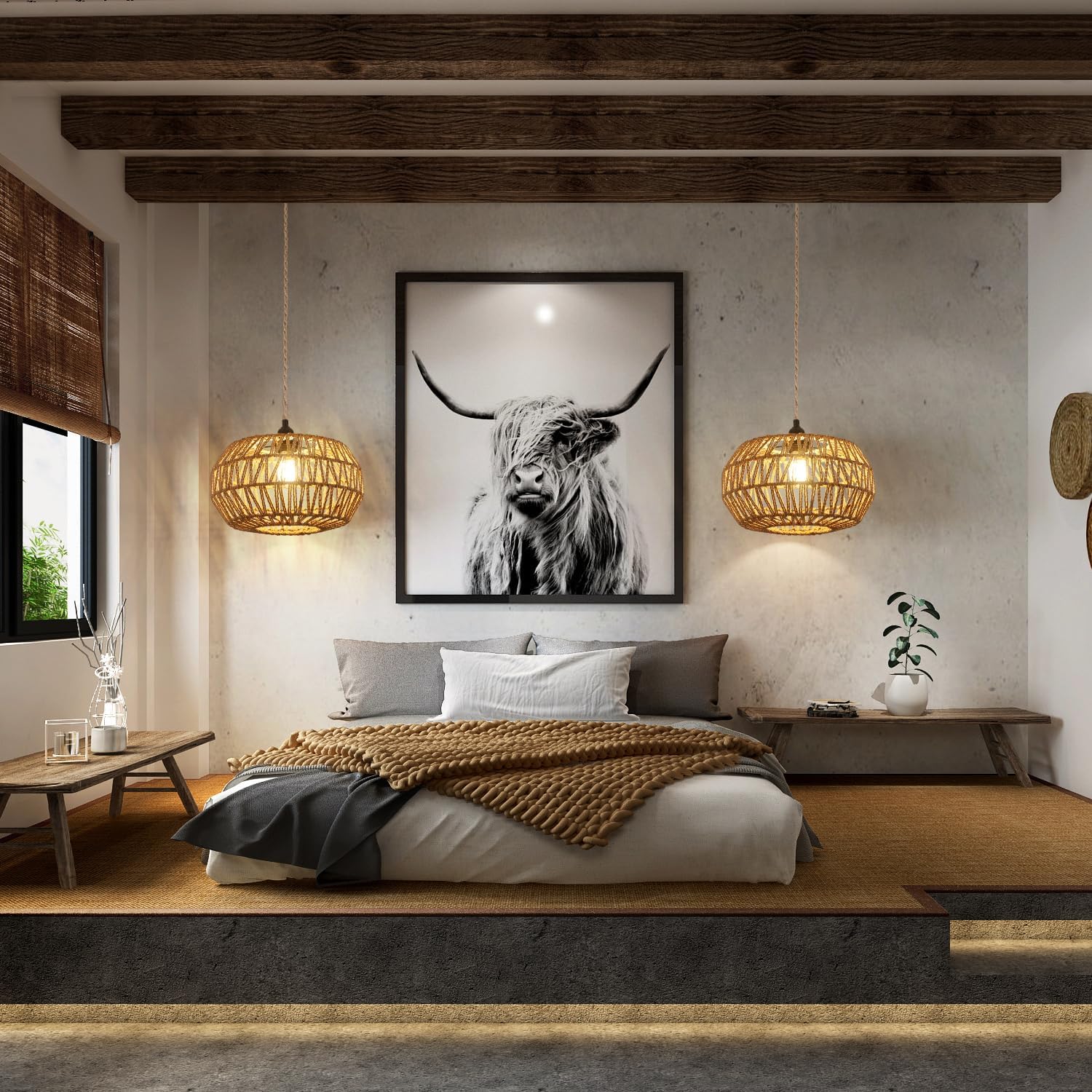 Suspension Luminaire Rotin, E27 Lustre Plafonnier Vintage en Tresser, Interrupteur à Dimmable, Lustre Chambre, Salon, Lampe de Plafond (Sans Ampoule)
