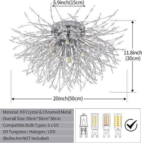 Plafonnier Lustres en Cristal, 6 Lumières G9 Luminaire Plafonnier en Cristal, Lustre Feu D'artifice K9 Cristaux, Lampe de Plafond Moderne pour Salon, Chambre, Salle à Manger, Cuisine, Couloir (Ampoule non incluse)