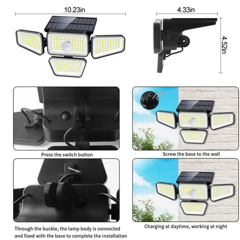 Applique solaire Extérieur Détecteur de Mouvement Lampe murale LED Blanc Froid 6000K Pour Cour Jardin Couloir Terrasse Proche Mur Pathway Patio Villa