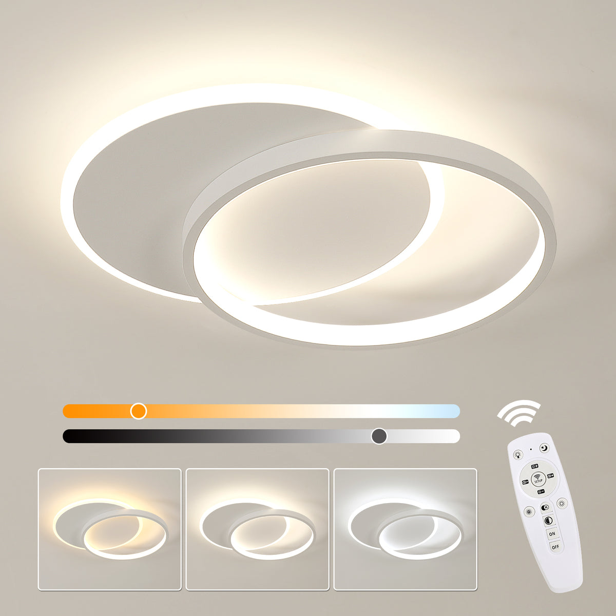 Plafonnier LED Dimmable en Aluminium en Forme de Croissant - Blanc, Forme Circulaire 40x30x5.5cm, Variateur Sans Niveau avec Télécommande 28W