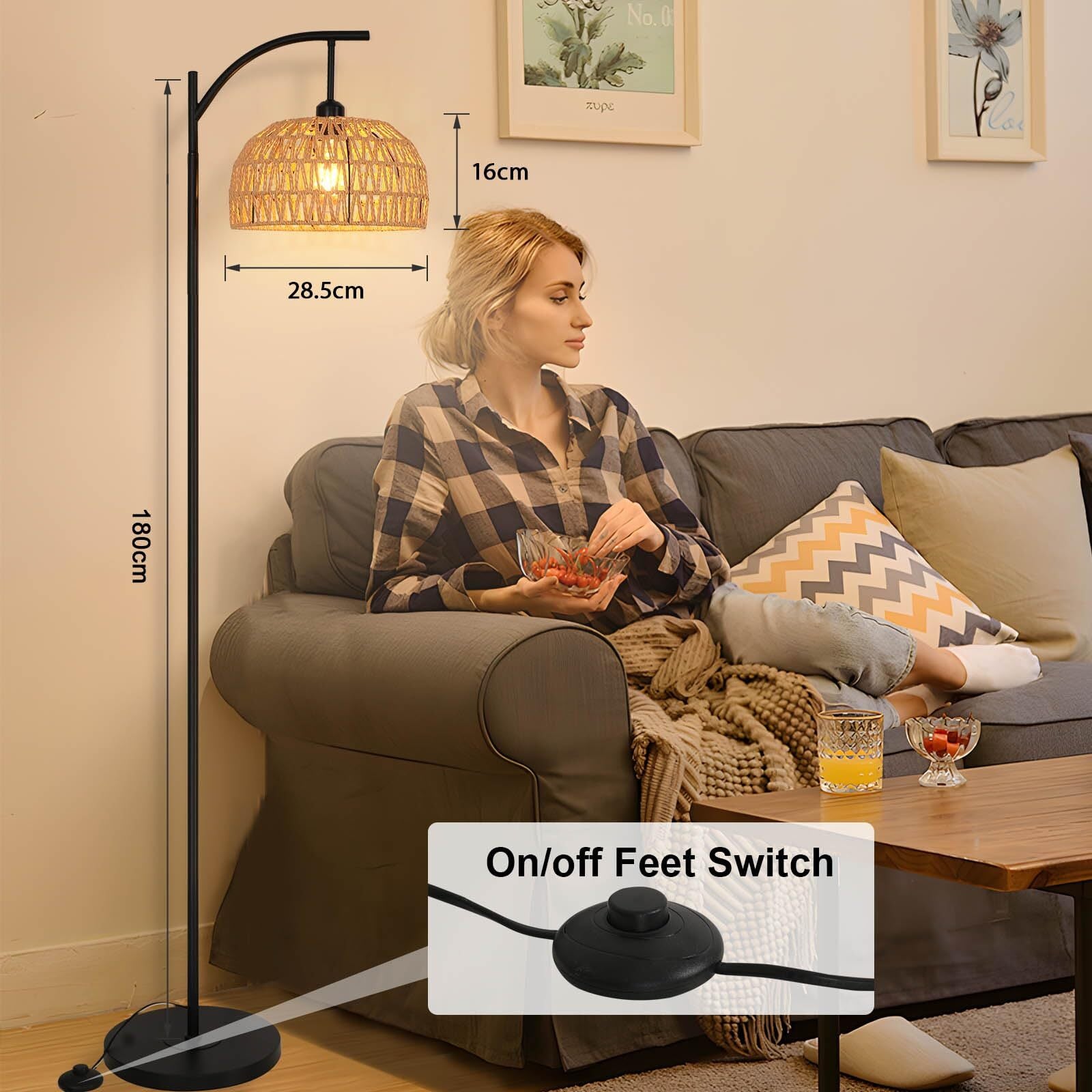 Lampadaire en Rotin, Noir, Interrupteur au Pied*1,8M, sans Ampoule, pour Salon