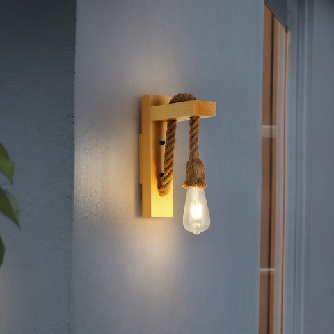 Applique Murale Bois Rétro,Spots Muraux Vintage Industriel, E27 Corde De Chanvre Créative Lampes Murales pour Chambre, Balcon, Couloir, Cuisine, Escalier