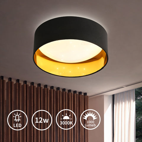 Plafonnier Moderne 12W 1000LM, Plafonnier à Paillettes Noir et or 3000K, Lustre à LED Effet Ciel étoilé pour Salon,Chambre