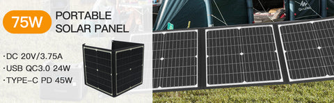 Panneau solaire portable pliable à charge rapide, chargeur de batterie solaire, banque d'alimentation pour téléphone, camping-car, montres d'extérieur, DC + USB, 20V, 75W