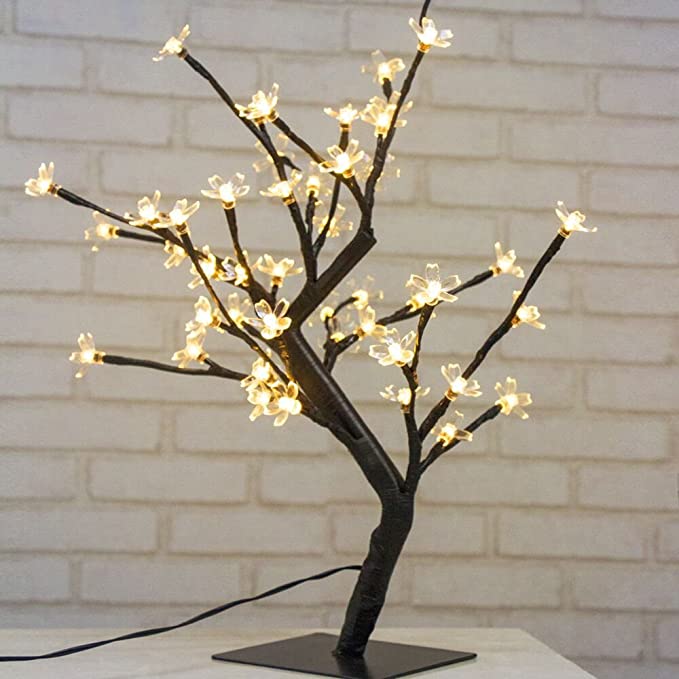 Arbre lumineux de 45 cm à LED avec 48 fleurs de cerisier, lumières LED, pour Noël, intérieur, décoration, bureau, chevet, blanc chaud