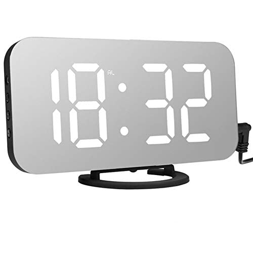 Réveil numérique moderne avec port USB et miroir - Horloge décorative pour table murale ou bureau - Police blanche