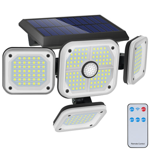 Lampe Solaire Exterieur Detecteur de Mouvement, 4 Têtes 231 LED Lumiere Solaire Exterieur avec Télécommande IP65 Étanche Eclairage Exterieur Solaire 3 Modes Spot Projecteur LED Solaire Jardin Blanc froid