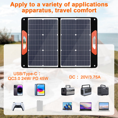 Panneau solaire portable pliable 75 W 3 ports DC/PD 45 W/QC3.0/USB compatible avec la plupart des générateurs solaires portables/centrales électriques/téléphones/ordinateurs portables pour les voyages/camping/RV