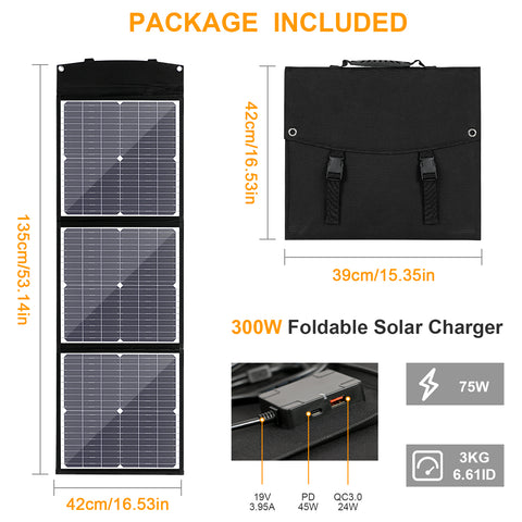 75W Pliable Efficace MonocBN Panneau Solaire, Chargeur Extérieur Voyage Sac Pliant avec 3 Panneaux Solaires DC/ USB/ TYPE-C