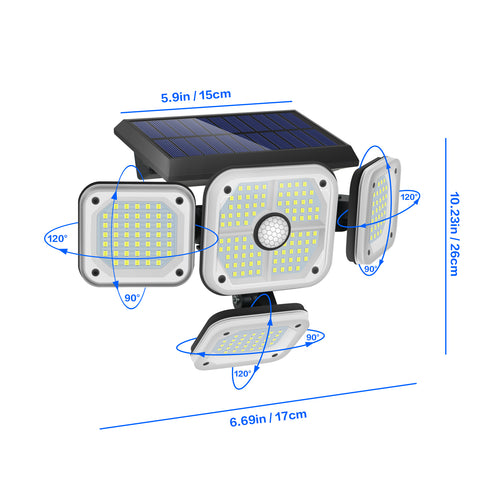 Lampe Solaire Exterieur Detecteur de Mouvement, 4 Têtes 231 LED Lumiere Solaire Exterieur avec Télécommande IP65 Étanche Eclairage Exterieur Solaire 3 Modes Spot Projecteur LED Solaire Jardin Blanc froid