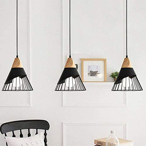 Suspension Luminaire Industrielle Vintage, Lustre en Bois et Métal Noir E27, Lampe Plafonnier Design pour Cuisine, Salon, Restaurant, Couloir, Dia 25cm