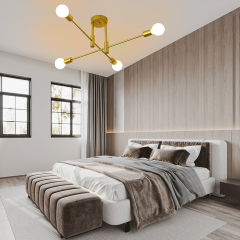 Plafonnier Industriel, Lampe de Plafond Rétro, Doré 4-Lampe E27 Métal Lustres LED Modernes pour Chambre, Salon, Cuisine, Bureau, Café, Restaurant