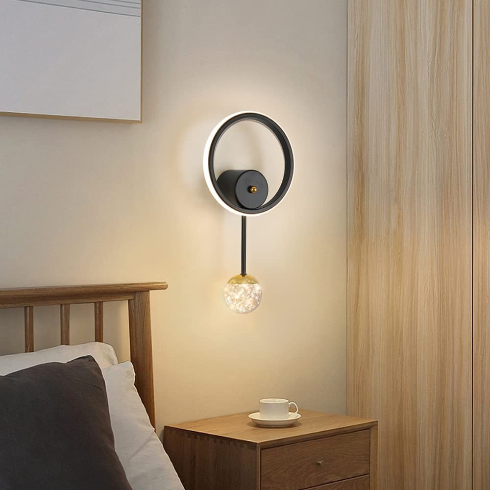 Applique Murale Interieur, LED Lampe Murale Moderne 17W Design Ronde, Applique Murale LED 3000K Lumière Chaude Noir pour Chambre, Salon, Couloir