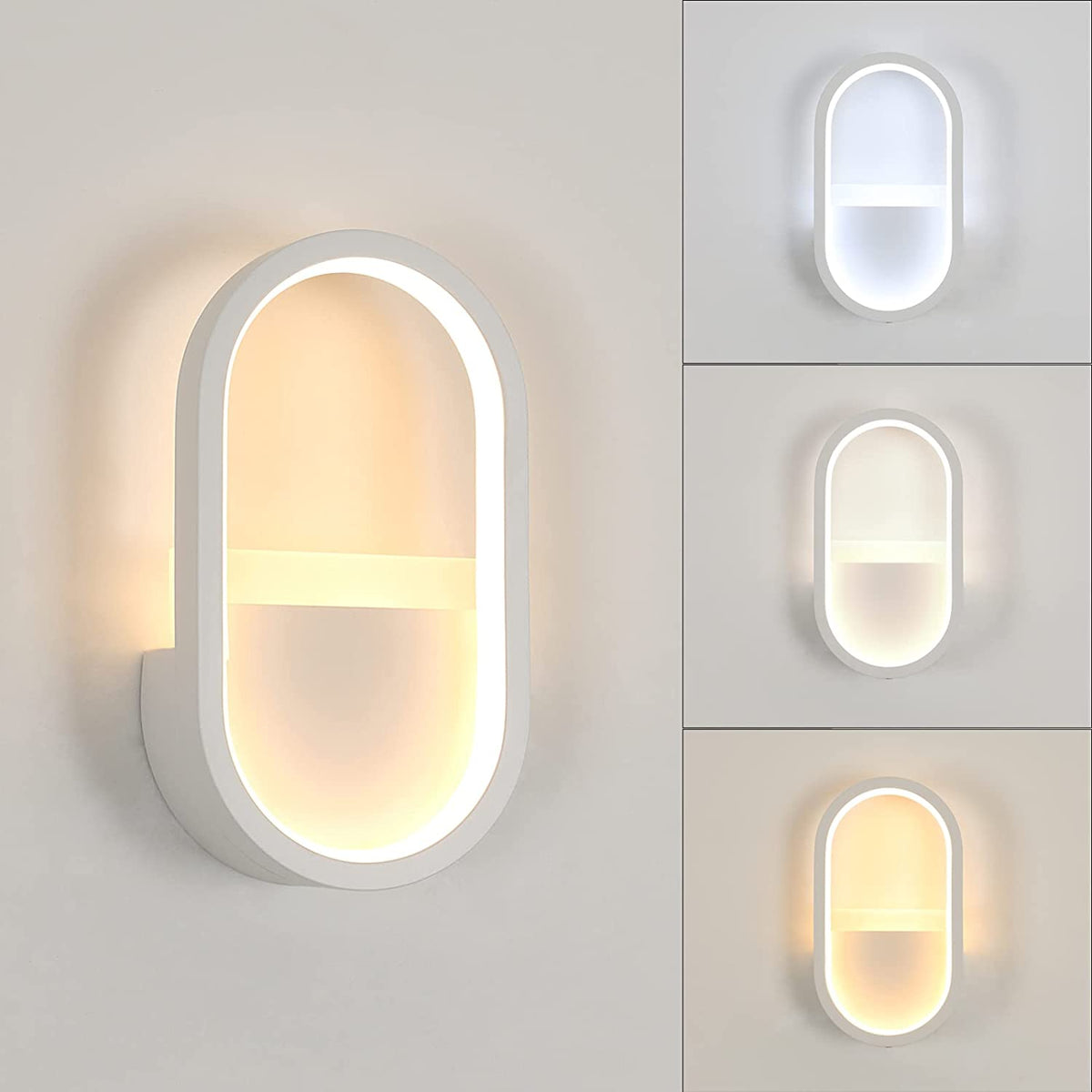 Applique Murale LED Moderne, 3000K, 4000K, 6000K Lampe Murale Réglable 3 Couleurs, Éclairage Mural Interieur Ovale 10W pour Couloir, Chambre, Salon (Commande de Commutateur) Blanc