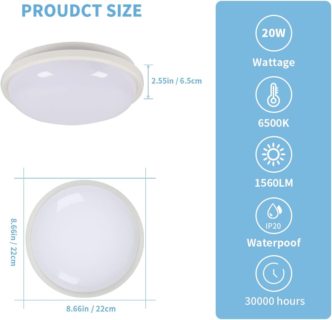 Plafonnier LED Rond, Lampe de Plafond pour Salle de Bain , IP54 Imperméable 6500K Blanc Froid, Luminaire Plafonnier Moderne pour Salle de Bain Chambre Cuisine Salon Balcon 20W Diamètre 22cm