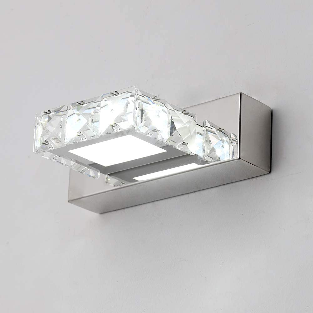 Applique Murale Phares Miroir en Cristal LED 3W 5500k Lampe en Acrylique en Acier Inoxydable IP44 étanche et Anti-buée (Argent), 16x5cm