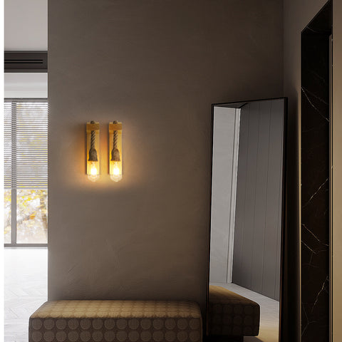 Applique Murale Bois Rétro,Spots Muraux Vintage Industriel, E27 Corde De Chanvre Créative Lampes Murales pour Chambre, Balcon, Couloir, Cuisine, Escalier