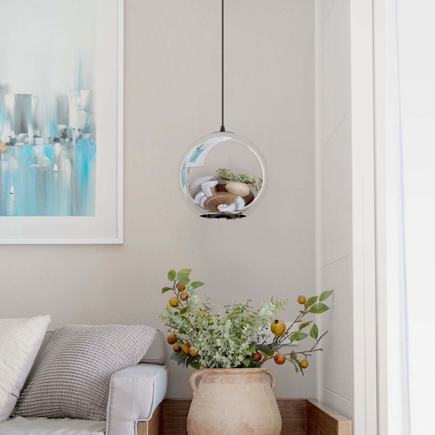 Abat-jour Moderne Miroir Lustre Boule Suspension globe avec fil 120CM,(Argent, 20cm) Ampoule non incluse